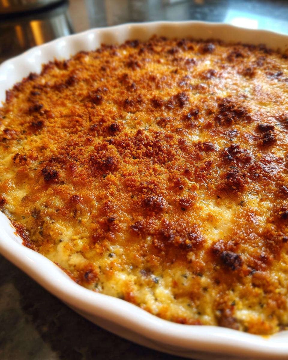 Close-up of hot, baked stuffed mushroom dip with a bubbly, golden-brown breadcrumb topping in a white dish.