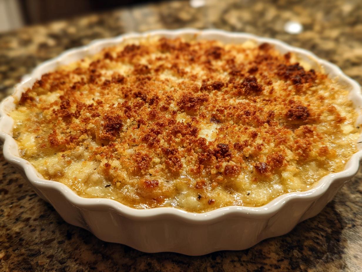 A close-up of hot, bubbly stuffed mushroom dip topped with a perfectly browned, crispy breadcrumb crust.
