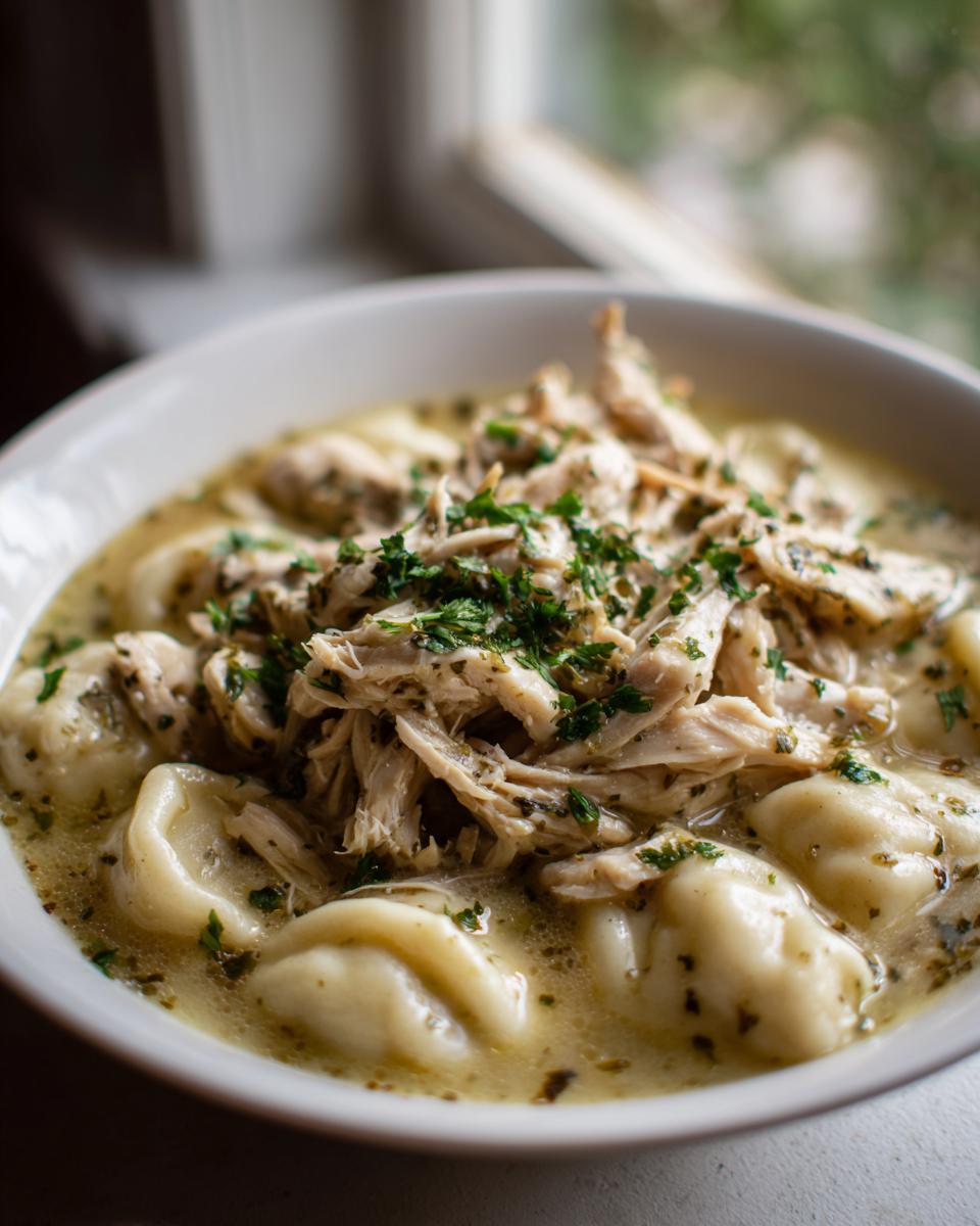Close-up of a bowl filled with creamy chicken and dumpling soup, topped with shredded chicken and fresh parsley.