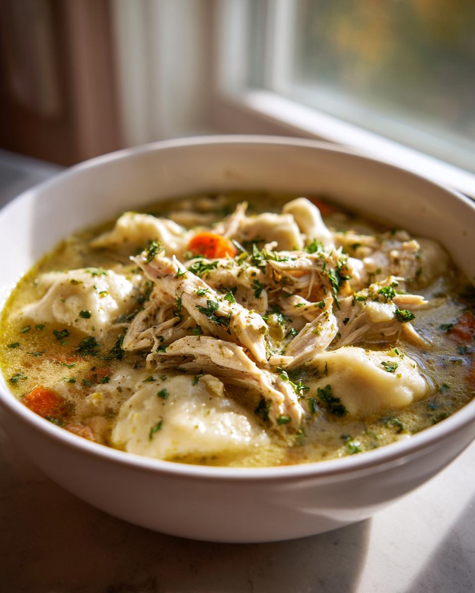 Close-up of a white bowl filled with rich chicken and dumpling soup, topped with shredded chicken and fresh parsley.