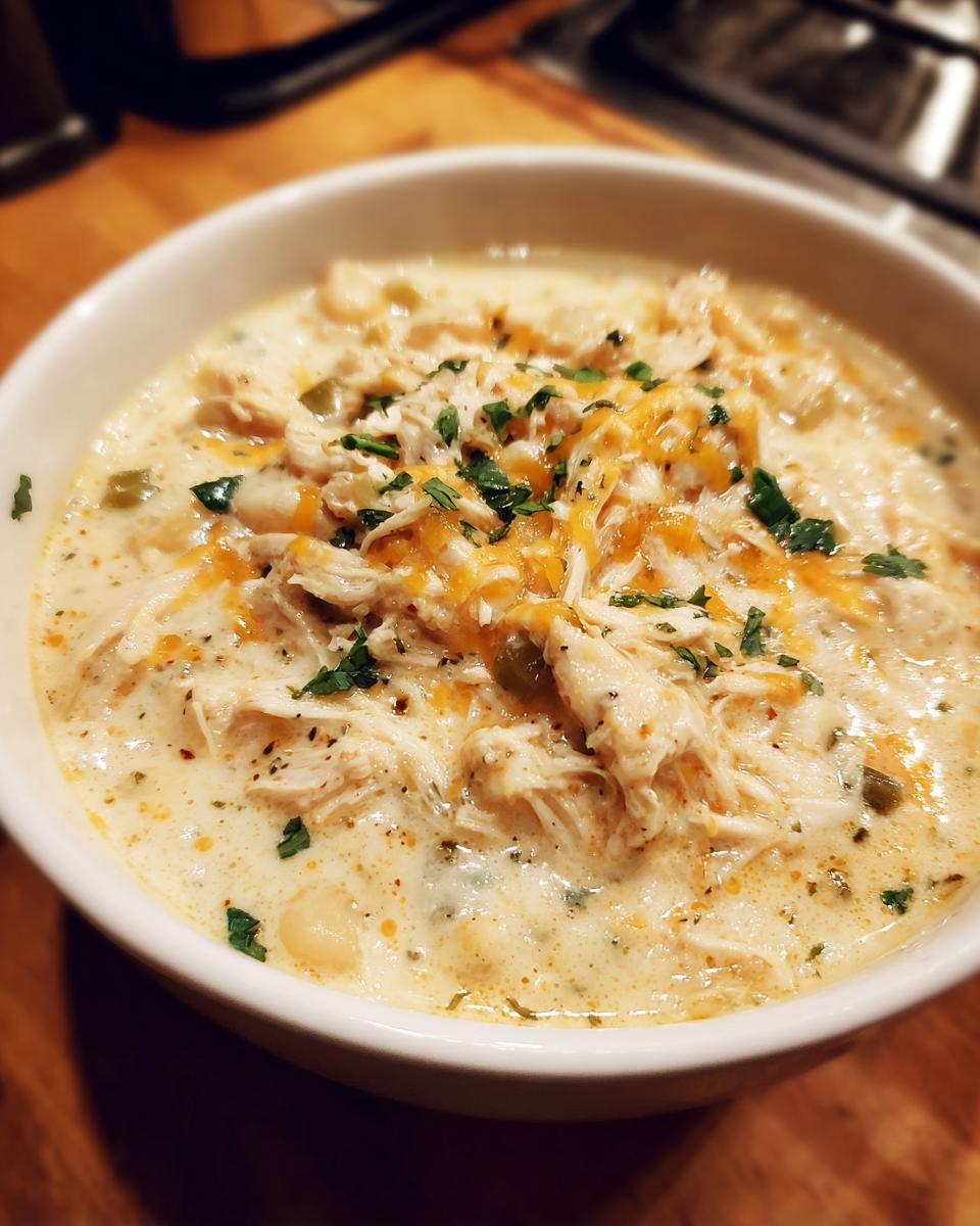 A close-up of a hearty bowl of cream cheese chicken chili topped with shredded chicken, melted cheese, and parsley.