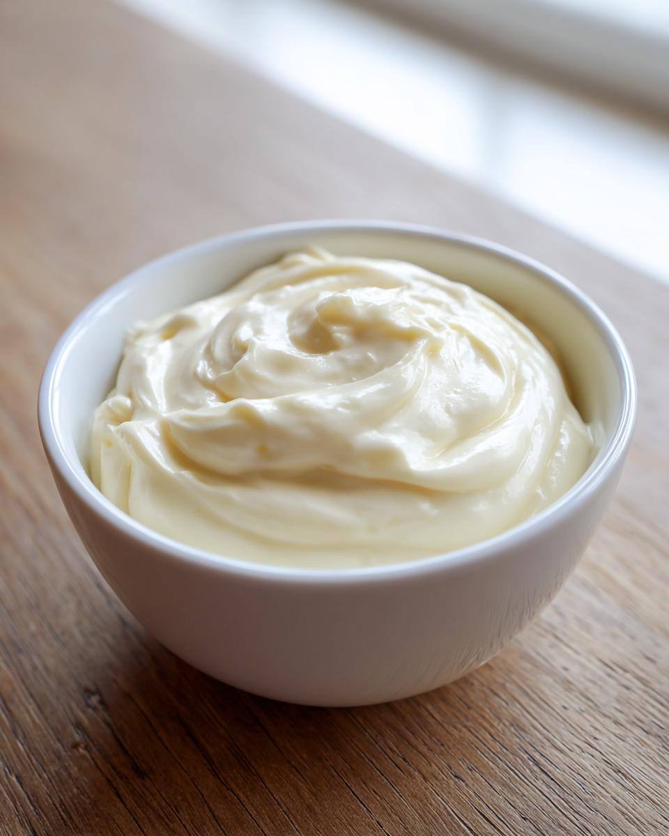 A white bowl filled with creamy, pale yellow homemade mayonnaise, sitting on a wooden surface.