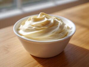 A white bowl filled with freshly piped, creamy homemade mayonnaise sitting on a wooden surface.