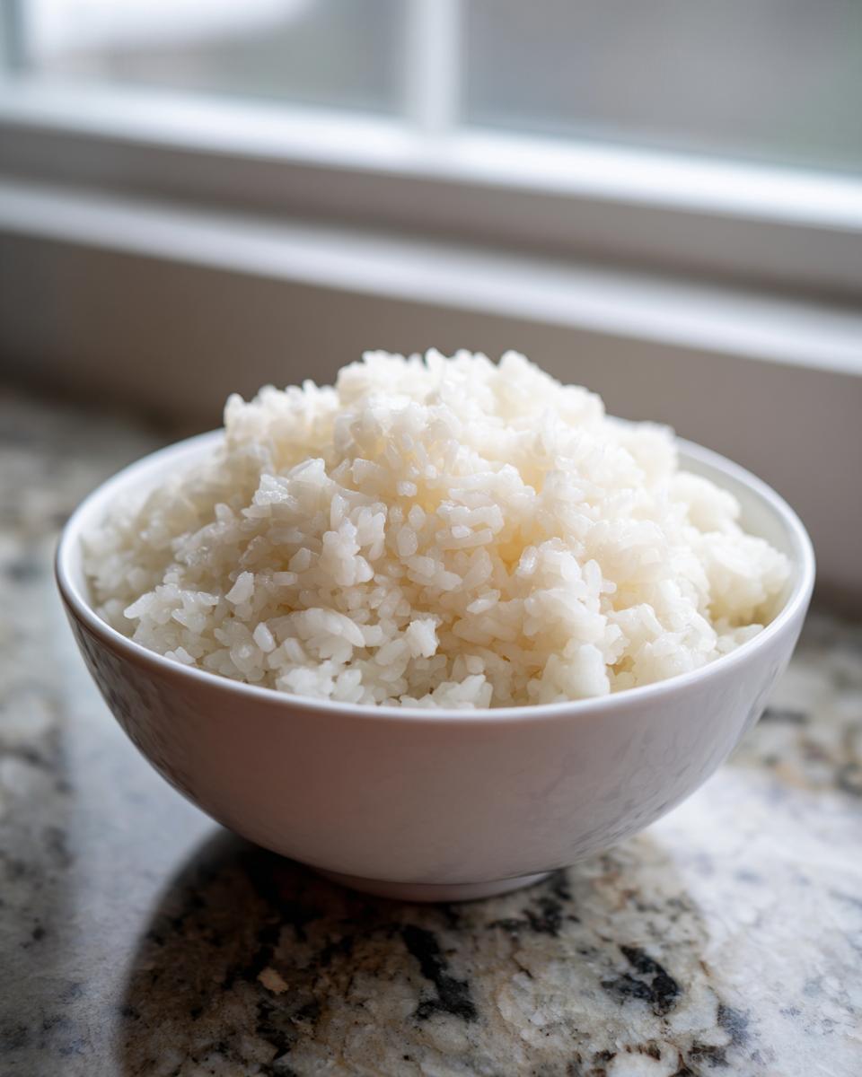 A white bowl filled with perfectly cooked, fluffy sushi rice sitting on a granite countertop near a window.