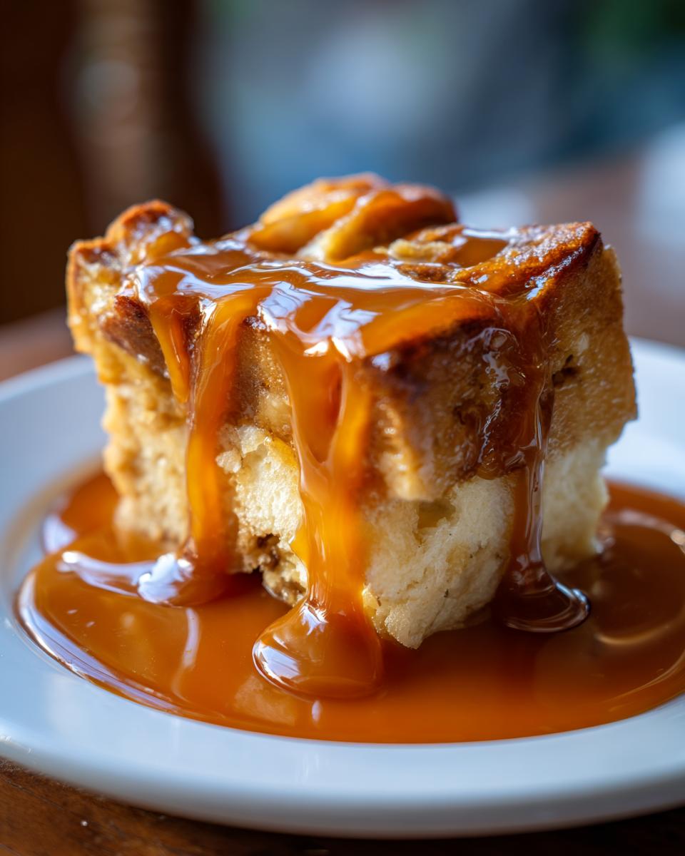 Close-up of a square slice of bread pudding with bourbon sauce dripping down the sides onto a white plate.