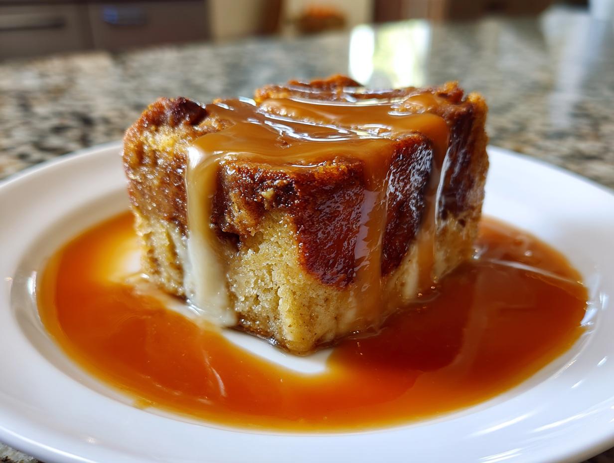 A square serving of rich bread pudding with bourbon sauce generously drizzled over the top.
