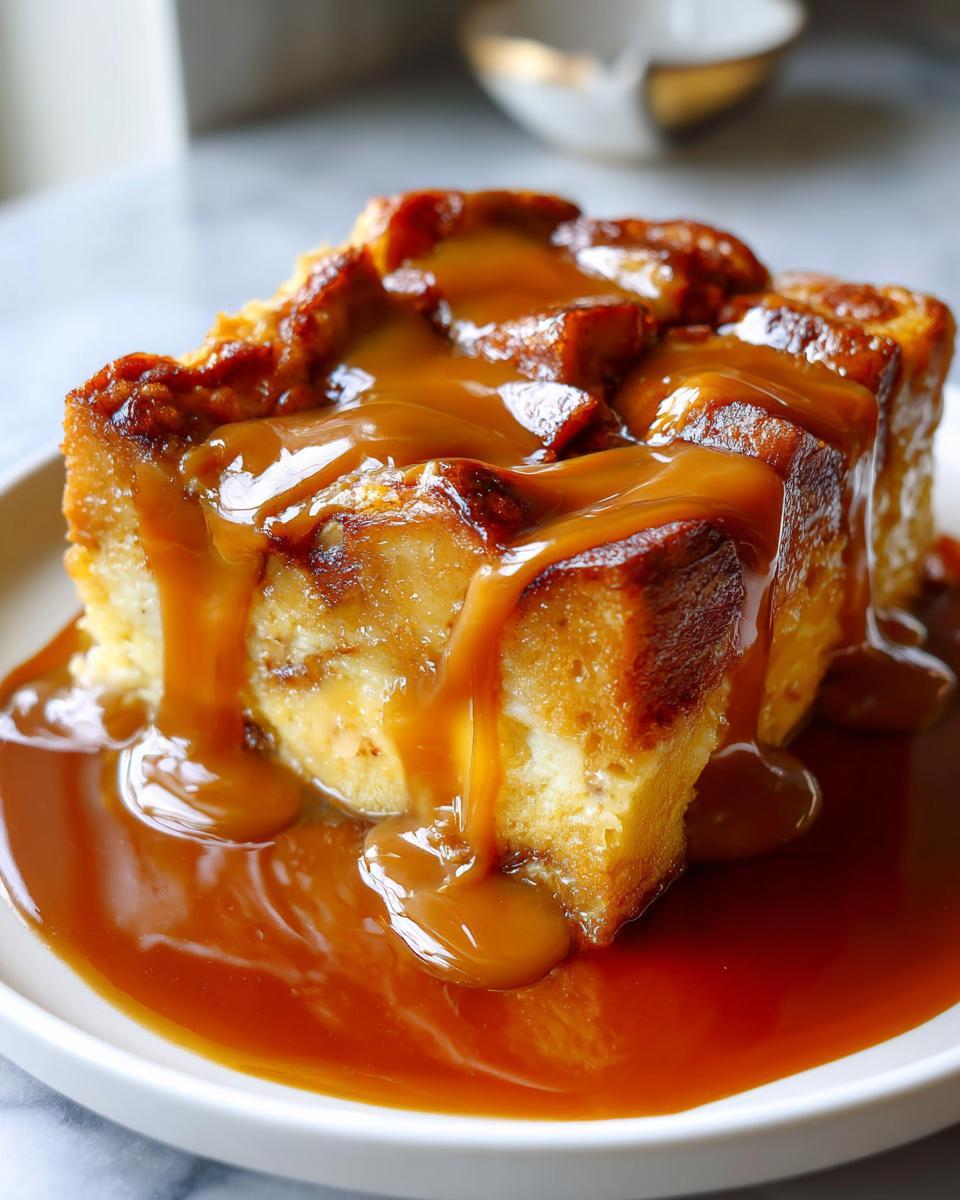 A rich square of bread pudding generously covered in thick bourbon sauce, served on a white plate.