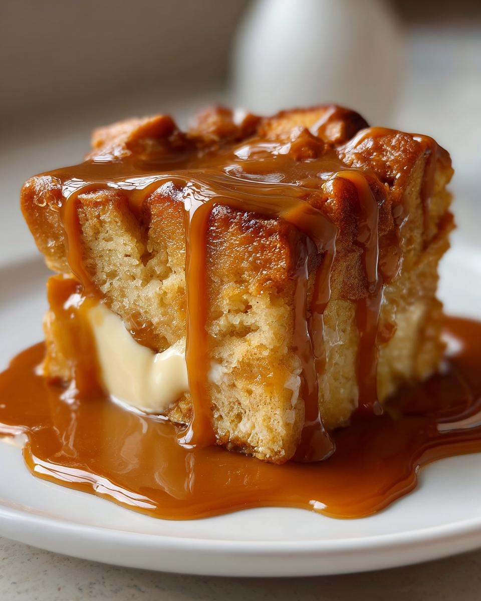 Close-up of a square slice of bread pudding with bourbon sauce generously drizzled over it, served with a dollop of cream.