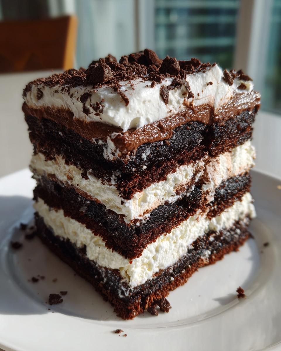 A tall, square slice of brownie refrigerator cake showing four dark brownie layers alternating with white cream filling.