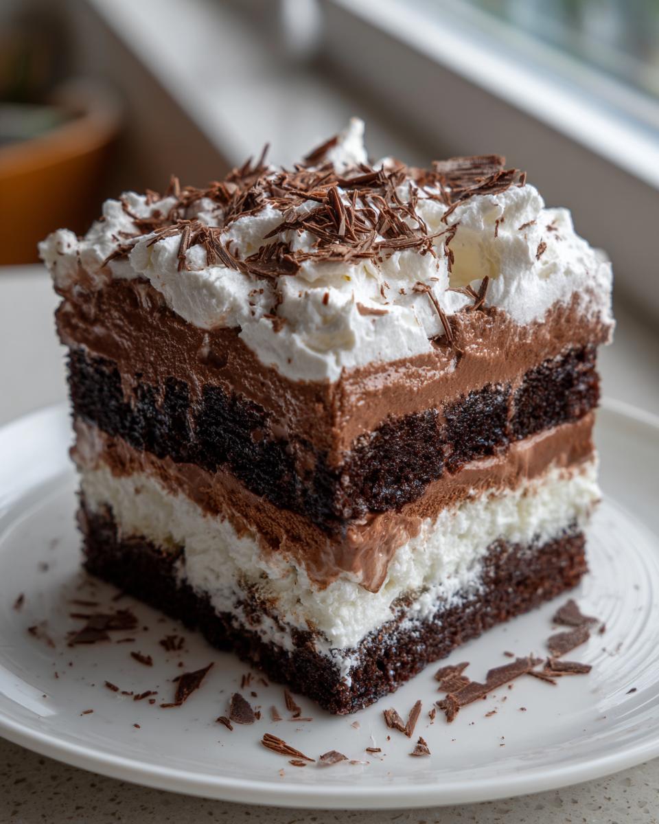 A rich, square slice of brownie refrigerator cake showing four distinct layers of dark cake, white cream, and chocolate mousse, topped with whipped cream and shavings.