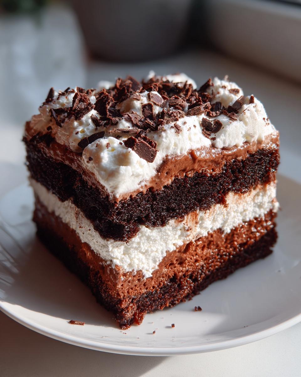 A square slice of brownie refrigerator cake showing four distinct layers topped with whipped cream and chocolate shavings.