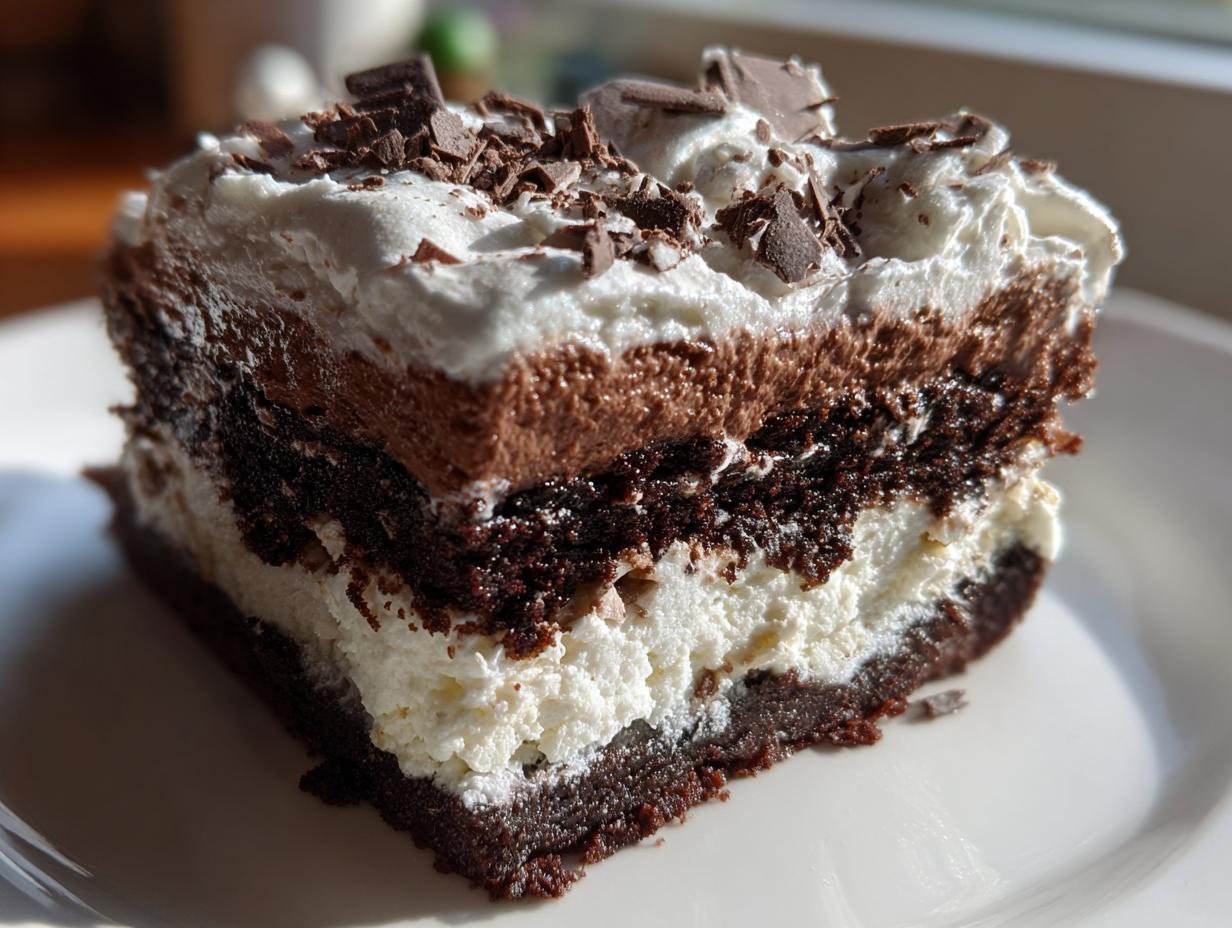 A close-up of a rich, layered slice of brownie refrigerator cake topped with whipped cream and chocolate shavings.