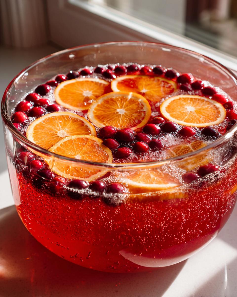 Close-up of a bubbly, red non-alcoholic christmas punch garnished with orange slices and fresh cranberries.