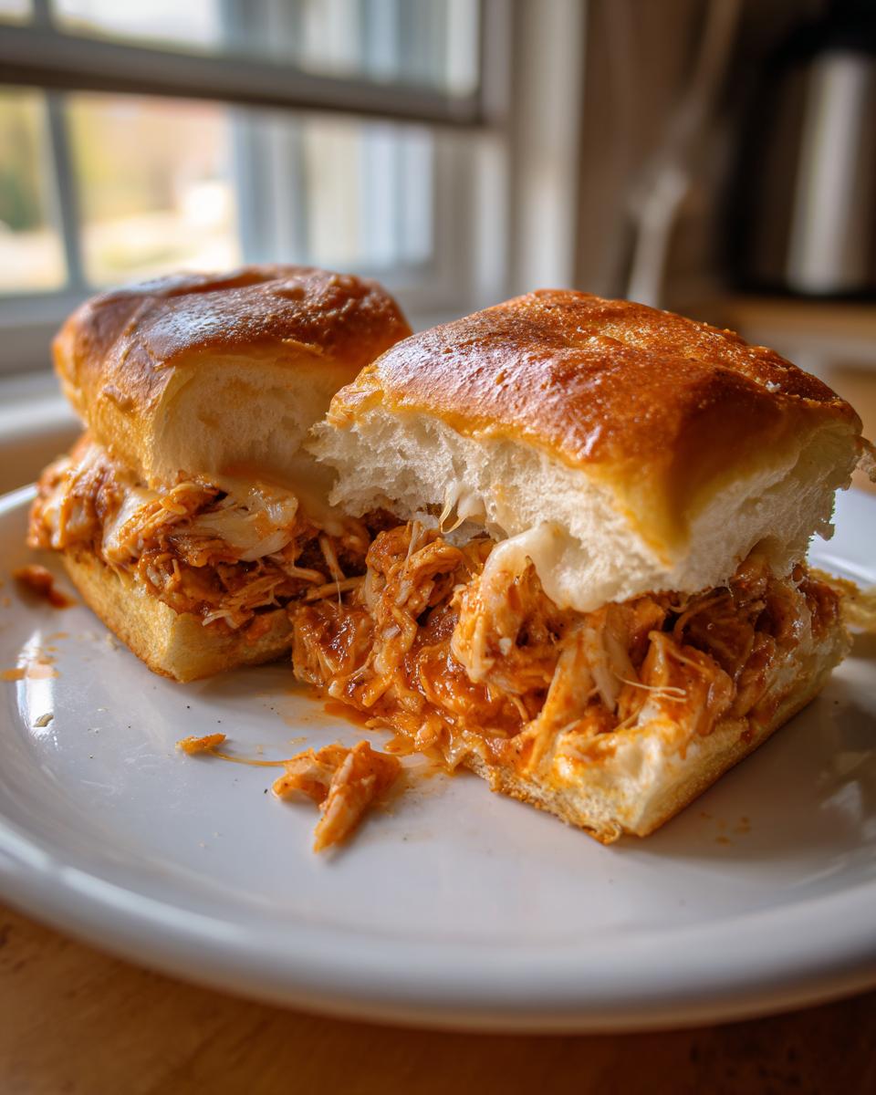 A close-up view of delicious buffalo chicken sliders, cut in half, showing shredded chicken in orange sauce and melted cheese on soft rolls.