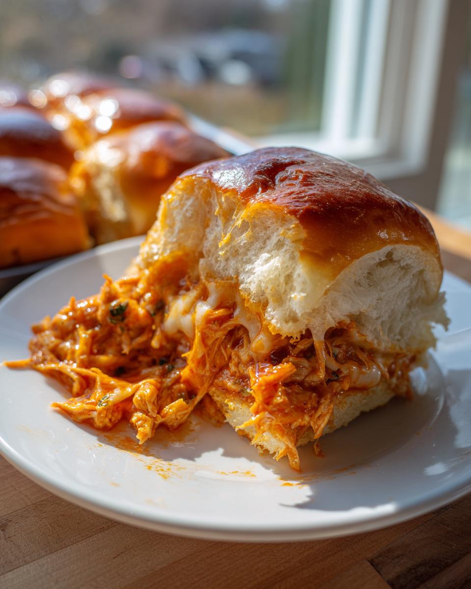 A close-up of one of the buffalo chicken sliders, showing shredded chicken in orange sauce and melted cheese spilling out onto a white plate.