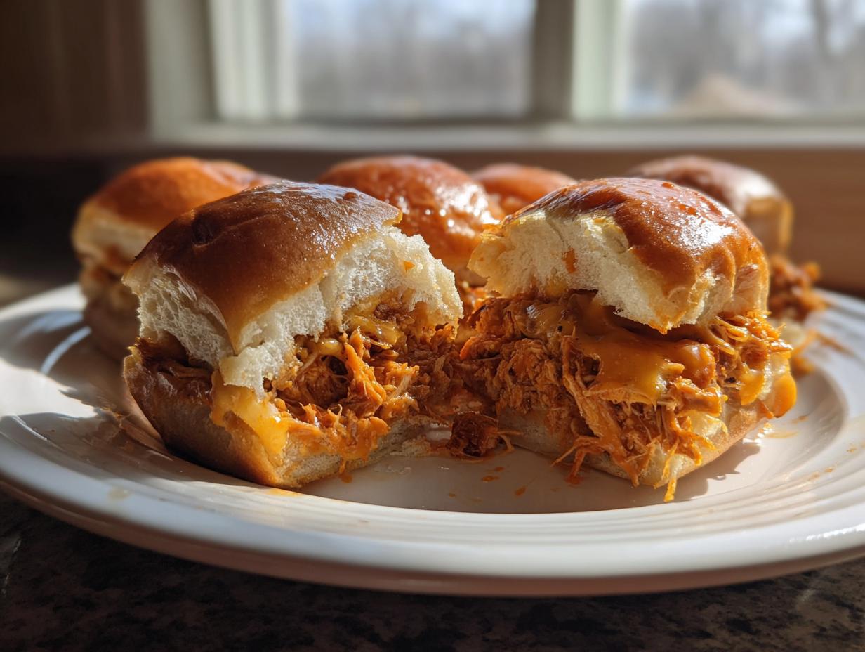 A close-up view of a halved buffalo chicken sliders sandwich showing shredded chicken and melted cheese on a brioche bun.