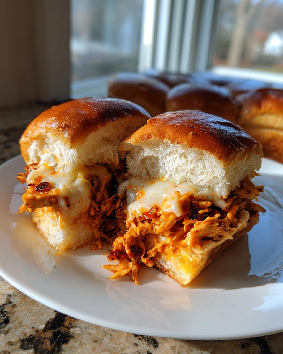 Close-up of a buffalo chicken sliders half, showing shredded chicken coated in sauce and melted white cheese on a soft roll.