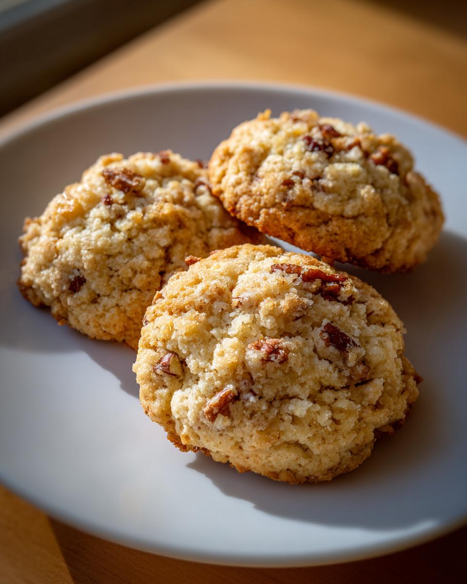 Three freshly baked, crumbly butter pecan cookies resting on a light gray plate under natural sunlight.