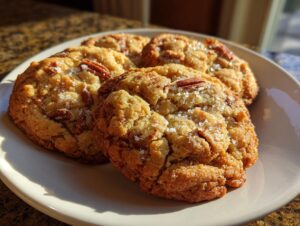 Close-up of three golden brown butter pecan cookies sprinkled with flaky sea salt on a light plate.