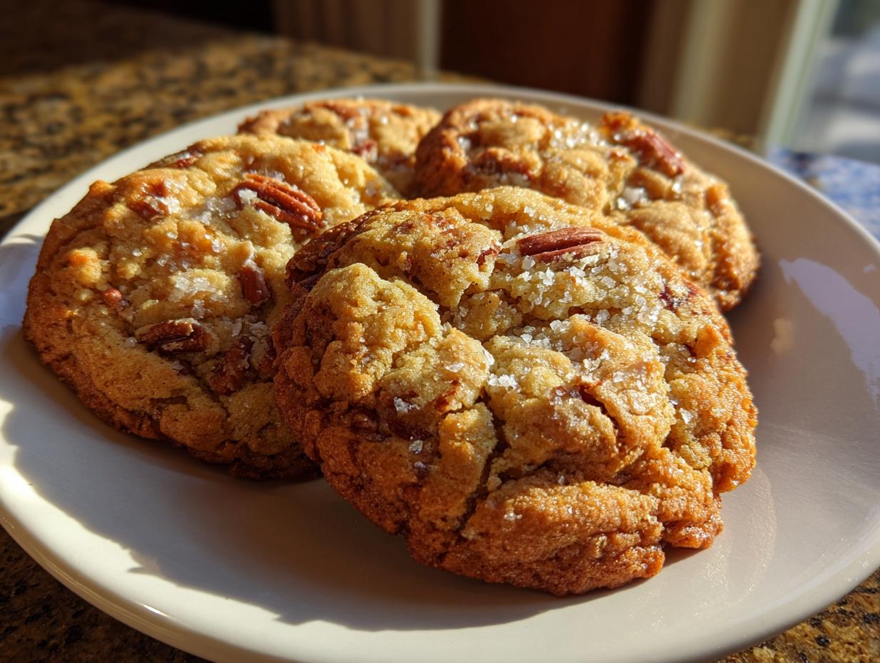 Close-up of three golden brown butter pecan cookies sprinkled with flaky sea salt on a light plate.