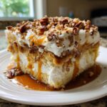 A moist slice of butter pecan praline poke cake topped with whipped cream, pecans, and drizzled with caramel sauce.