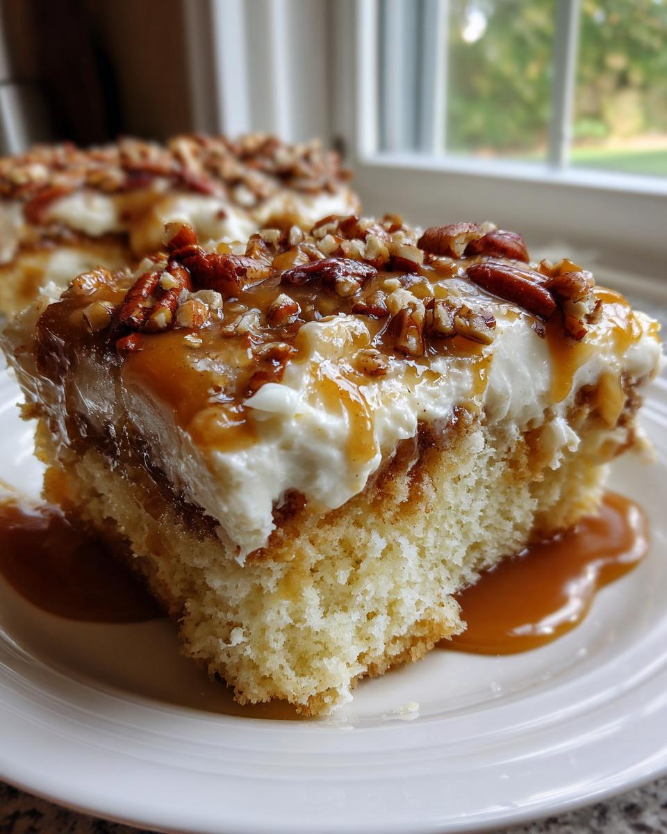 Close-up of a moist slice of butter pecan praline poke cake topped with cream cheese frosting and pecans.