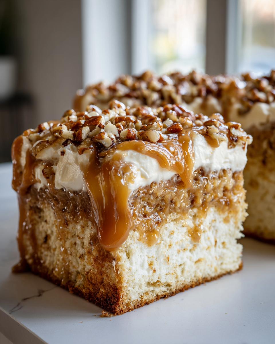 Close-up of a moist slice of butter pecan praline poke cake with caramel drizzle and chopped pecans.