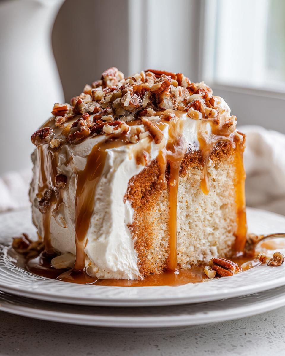 A tall slice of moist butter pecan praline poke cake topped with whipped cream, pecans, and dripping caramel sauce.