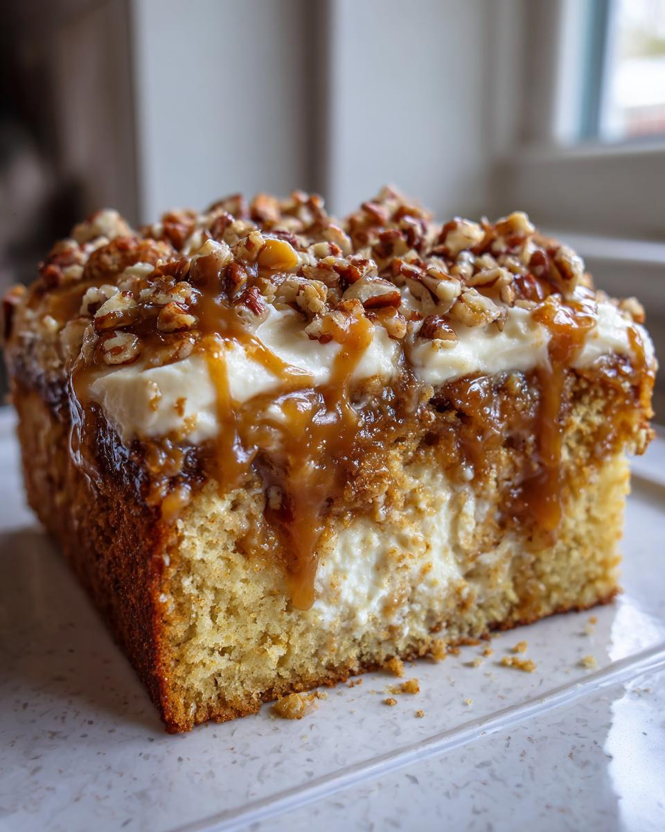 Close-up of a slice of moist butter pecan praline poke cake topped with cream cheese frosting, caramel, and chopped pecans.