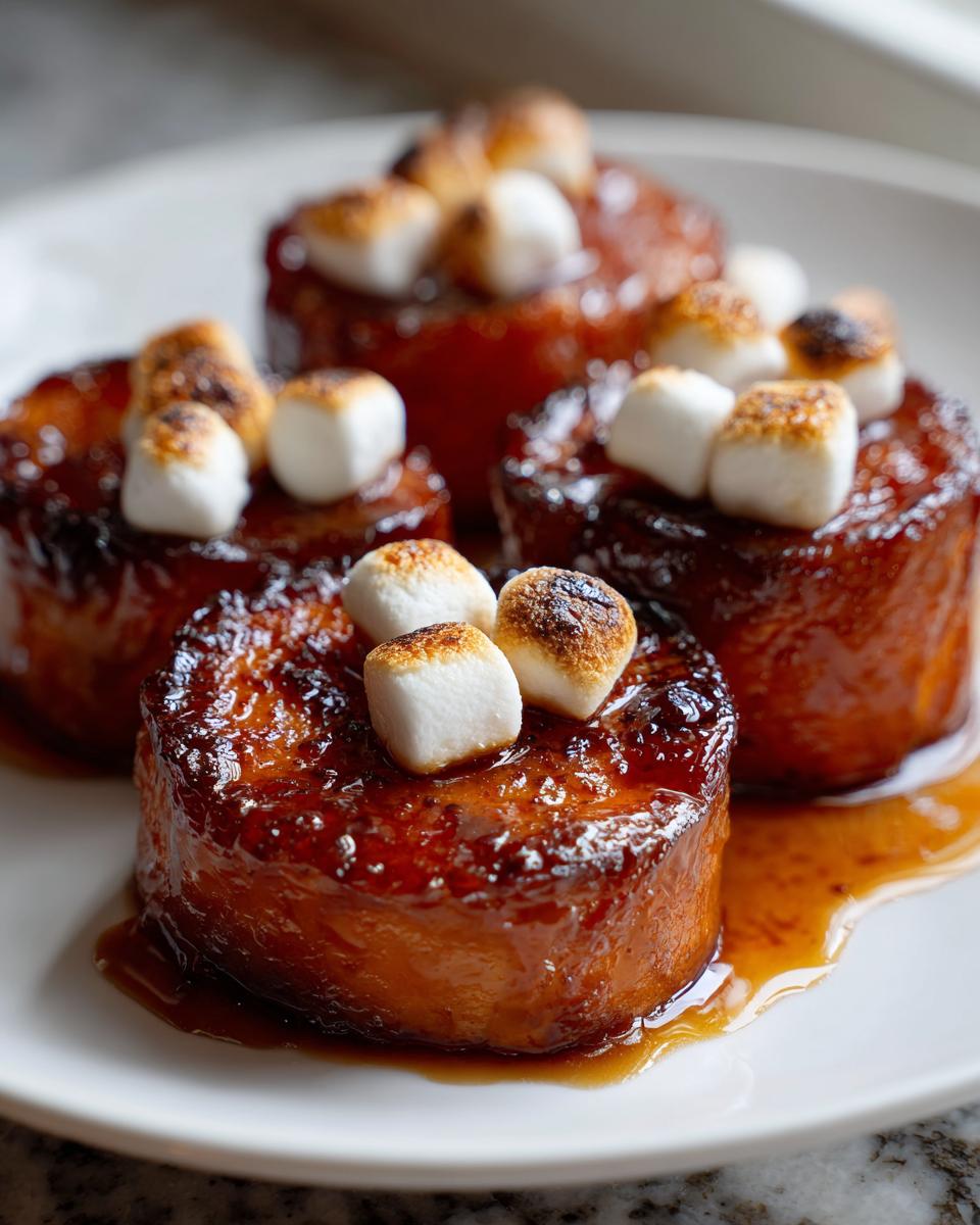 Close-up of three glazed, round candied yams topped with toasted mini marshmallows on a white plate.