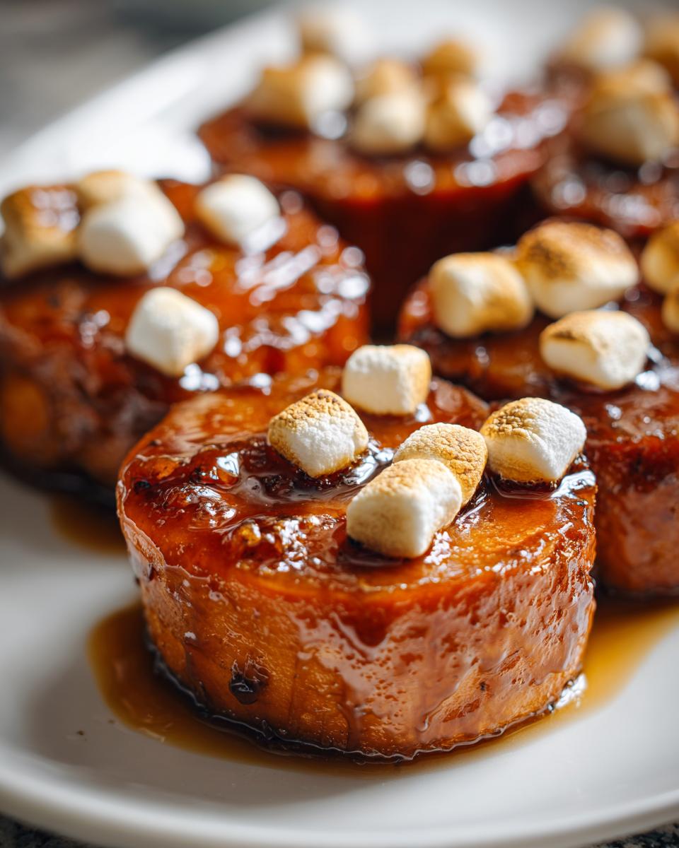 Close-up of glazed, round slices of candied yams topped with toasted mini marshmallows.