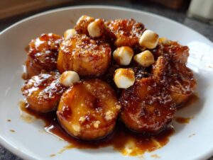 Close-up of thick slices of candied yams covered in a rich, dark glaze and topped with toasted mini marshmallows.