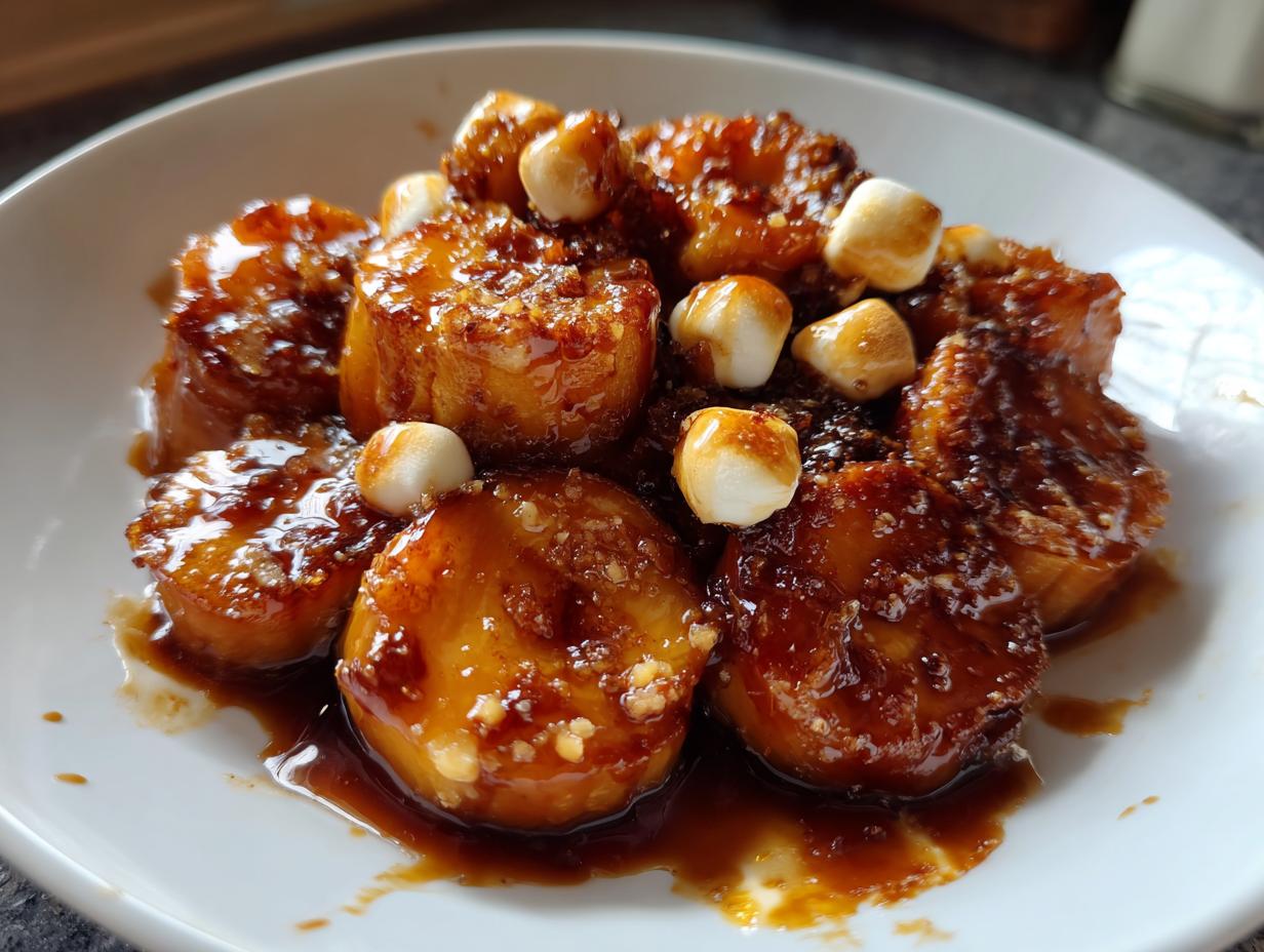 Close-up of thick slices of candied yams covered in a rich, dark glaze and topped with toasted mini marshmallows.
