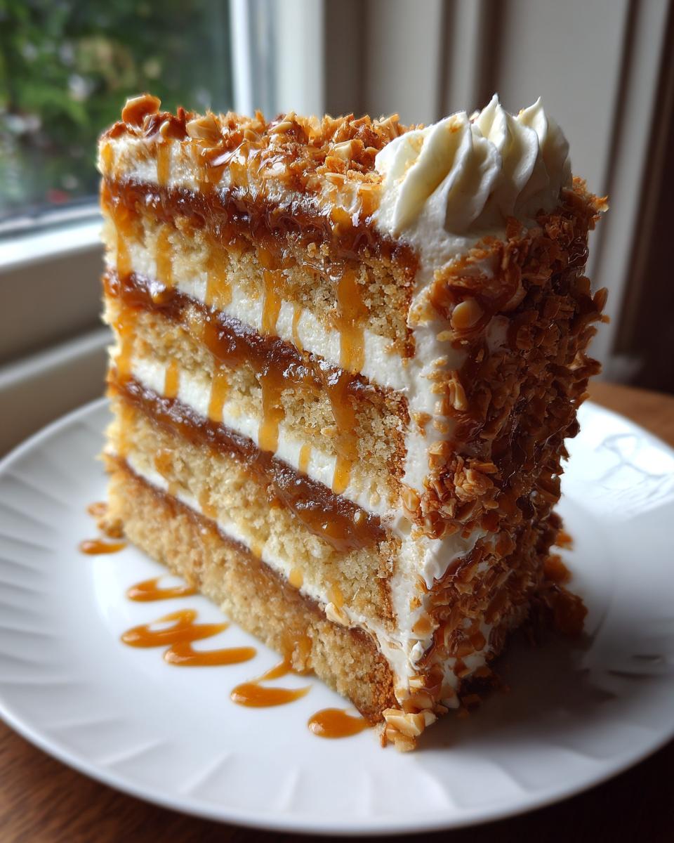 A tall slice of caramel crunch cake featuring multiple layers of cake, cream, caramel filling, and a crunchy nut topping.