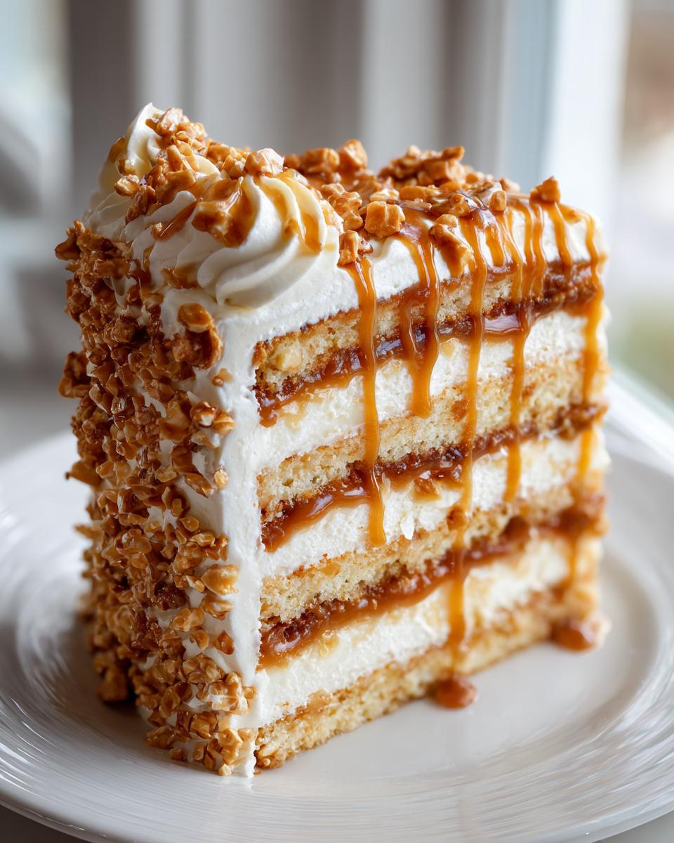 A tall slice of caramel crunch cake layered with cream, caramel filling, and topped with whipped cream and crunchy nuts.