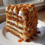 A tall slice of caramel crunch cake layered with cream frosting, covered in nuts and dripping with caramel sauce.