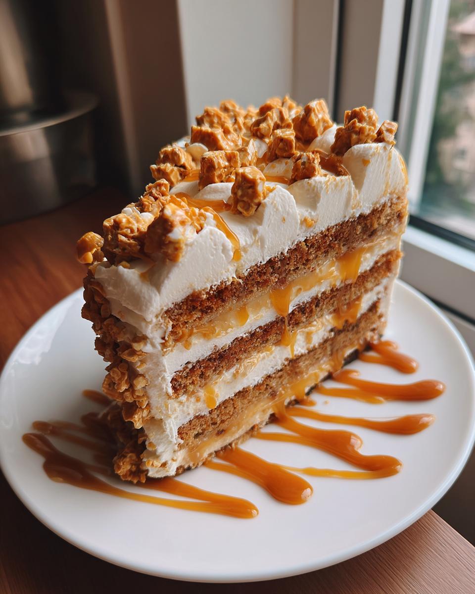 A tall, layered slice of caramel crunch cake with white frosting, caramel filling, and crunchy topping on a white plate.