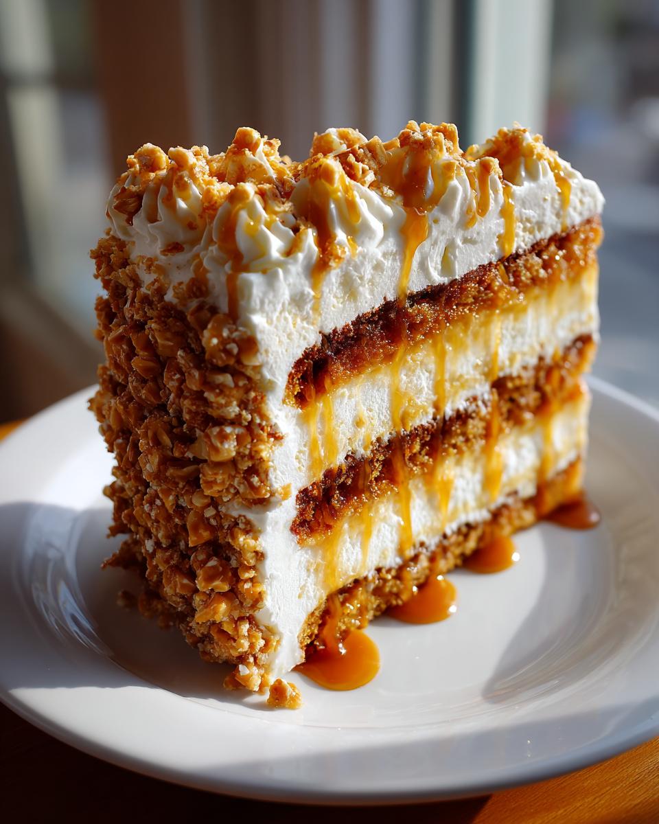 A tall, layered slice of caramel crunch cake featuring whipped cream, caramel drizzle, and crunchy nut coating.