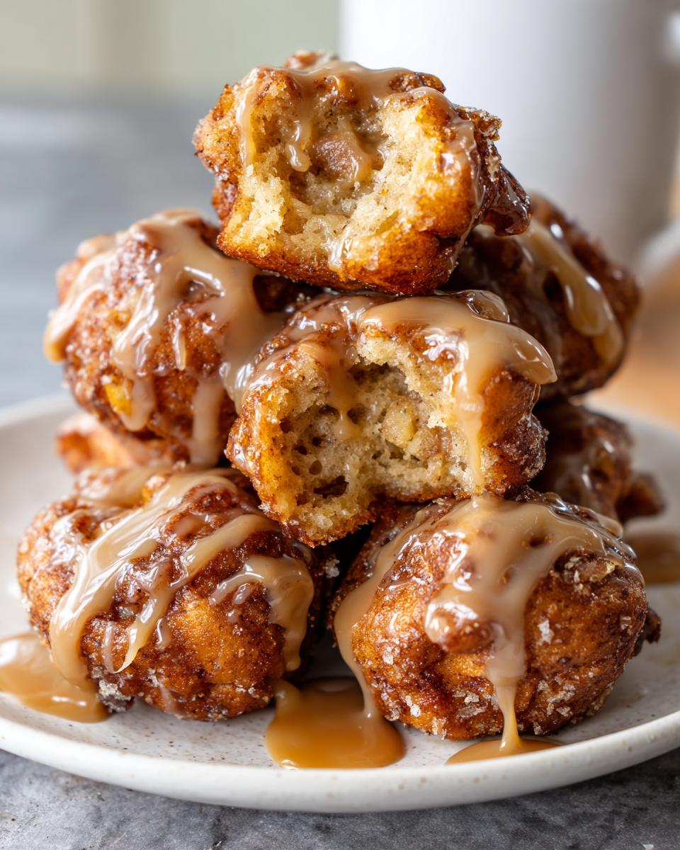 A stack of golden brown baked apple fritters generously drizzled with thick caramel sauce.