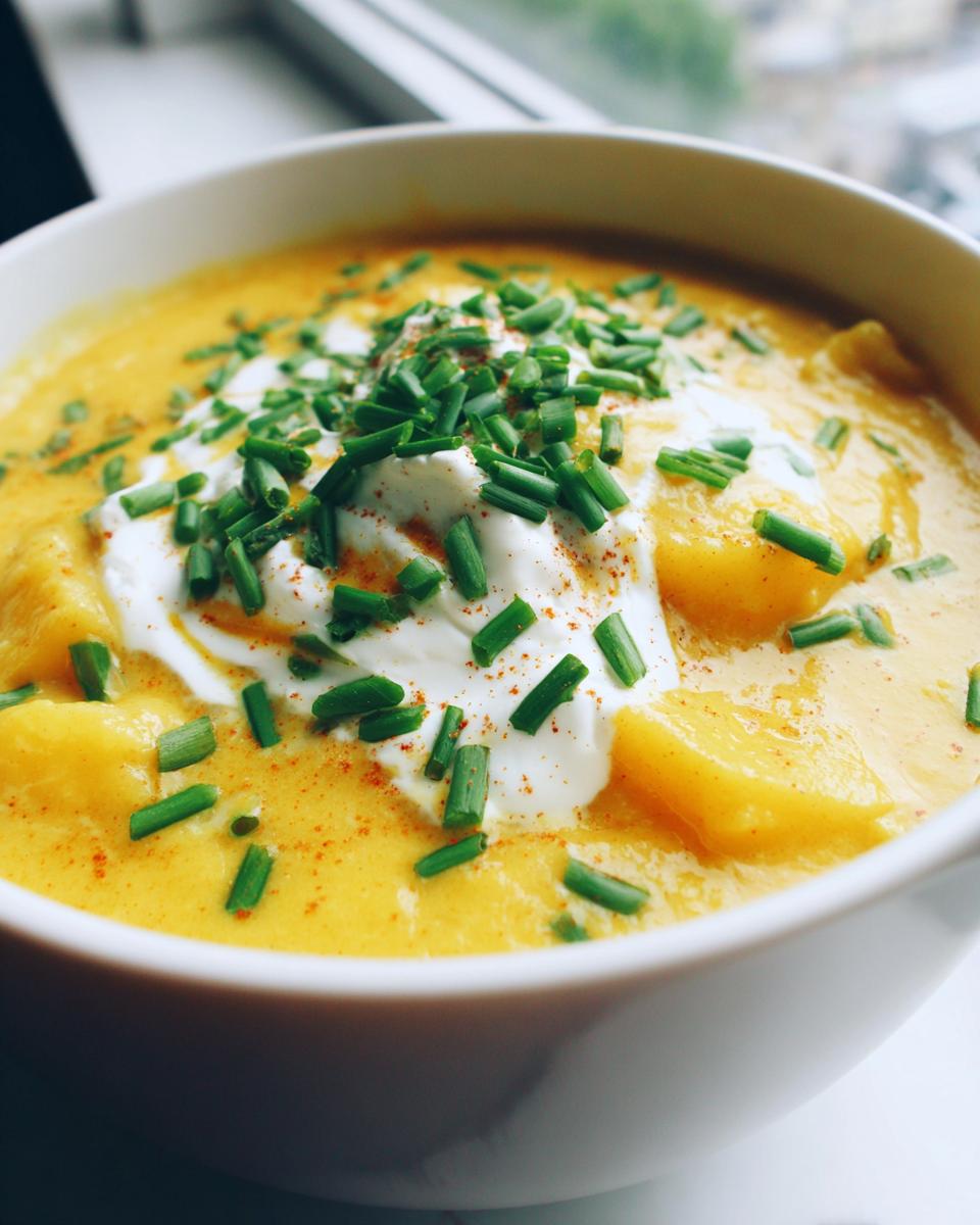 Close-up of a vibrant yellow cheese soup topped with sour cream, fresh chives, and paprika.