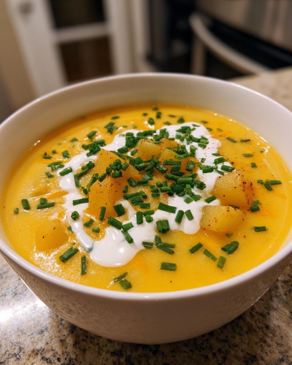 Close-up of a vibrant yellow bowl of cheese soup topped with sour cream, diced potatoes, and fresh chives.