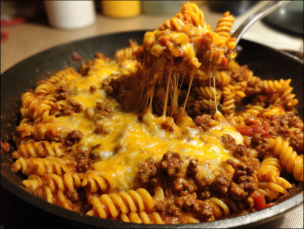 A close-up of cheesy 1-pot enchilada pasta being lifted from a skillet, showing long cheese pulls.