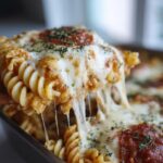 A serving spoon lifts a portion of cheesy, saucy pizza pasta, showing dramatic cheese pulls.
