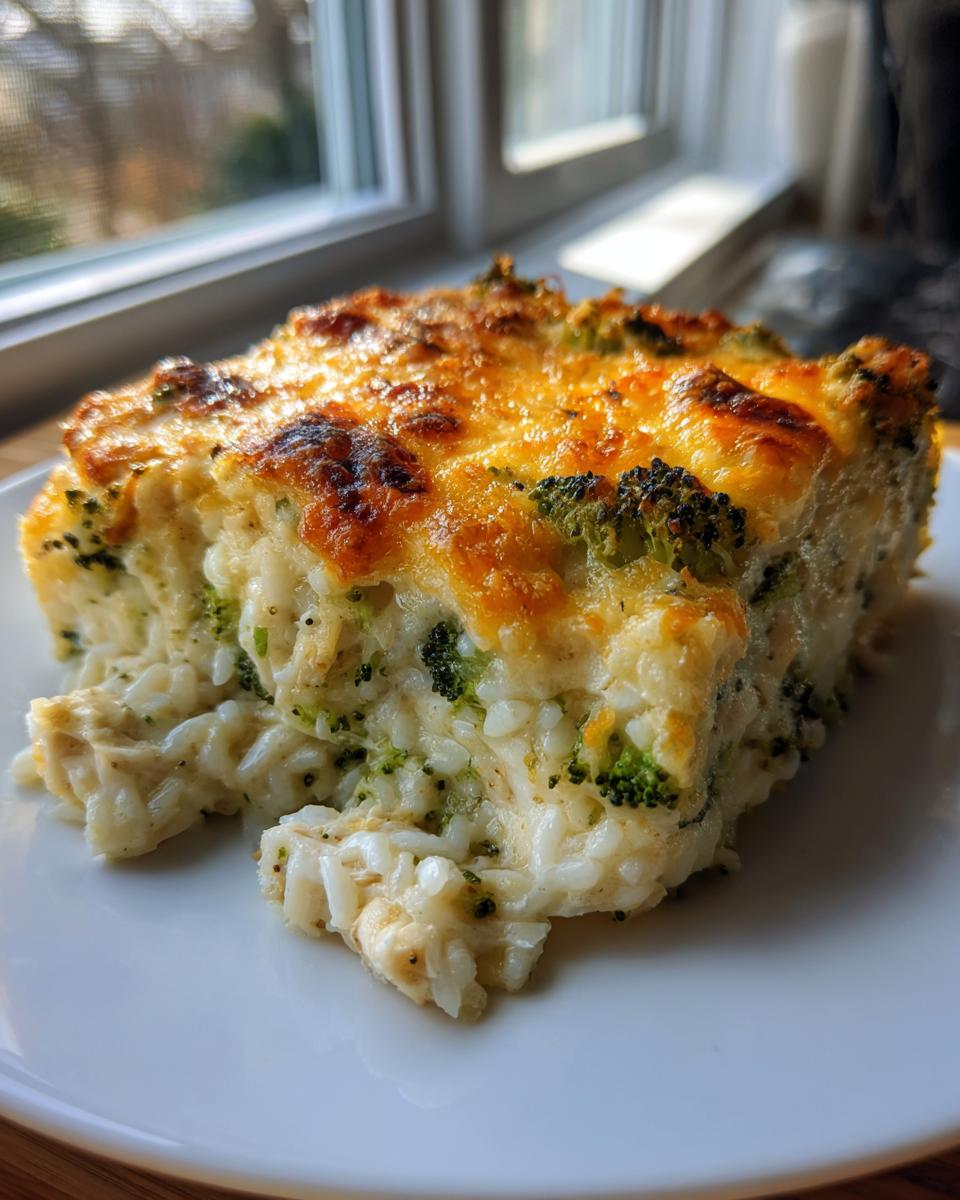 A square slice of creamy, cheesy broccoli rice casserole with a golden-brown topping, served on a white plate.
