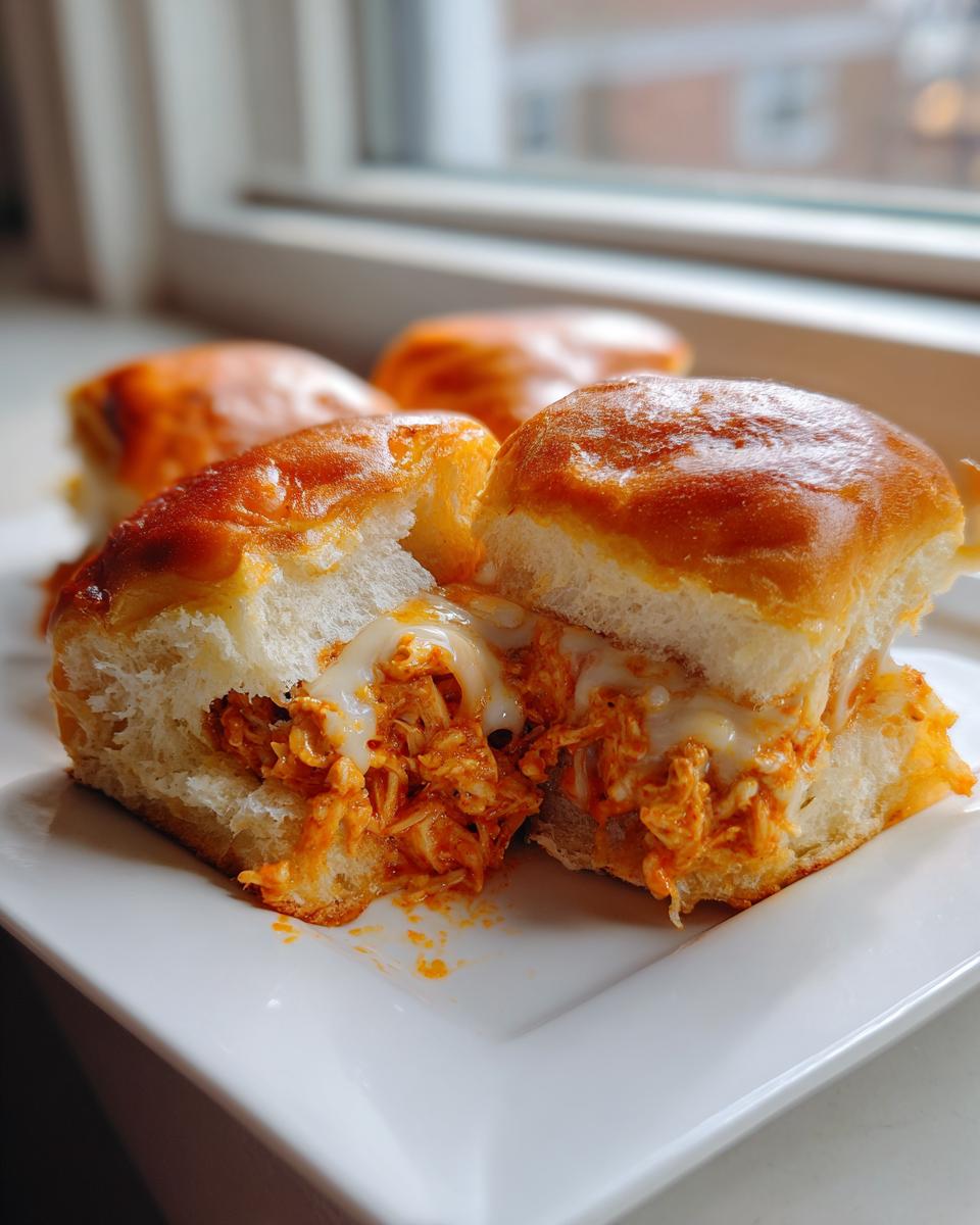 Close-up of a cheesy buffalo chicken sliders cut open, showing shredded chicken filling and melted cheese.