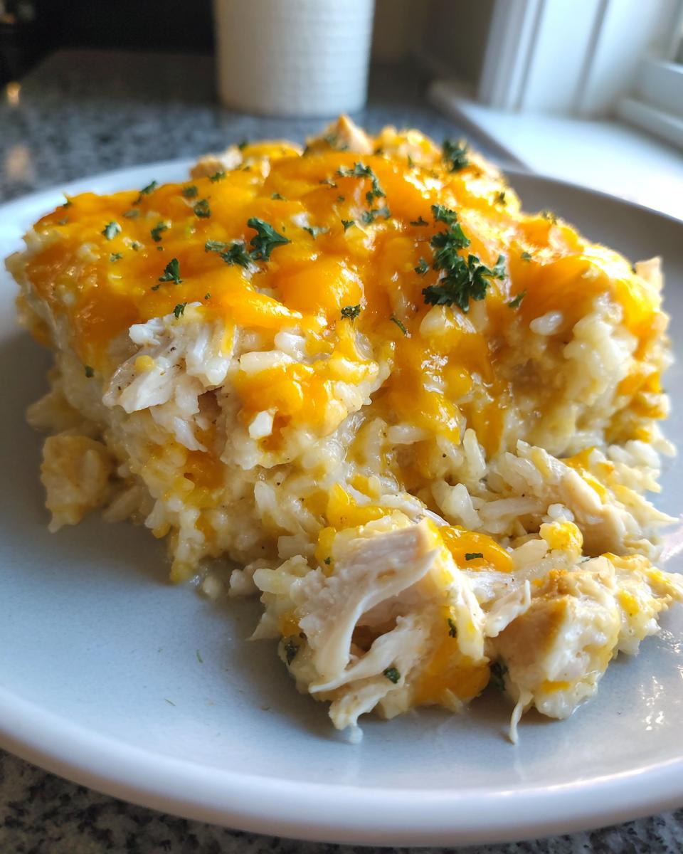 A close-up serving of creamy chicken and rice casserole topped with melted cheddar cheese and parsley.