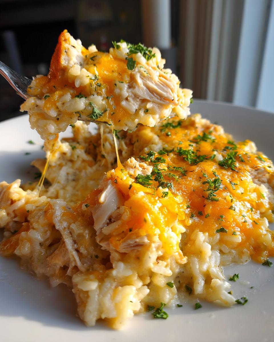 A fork lifting a cheesy scoop of creamy chicken and rice casserole topped with melted cheddar and parsley.