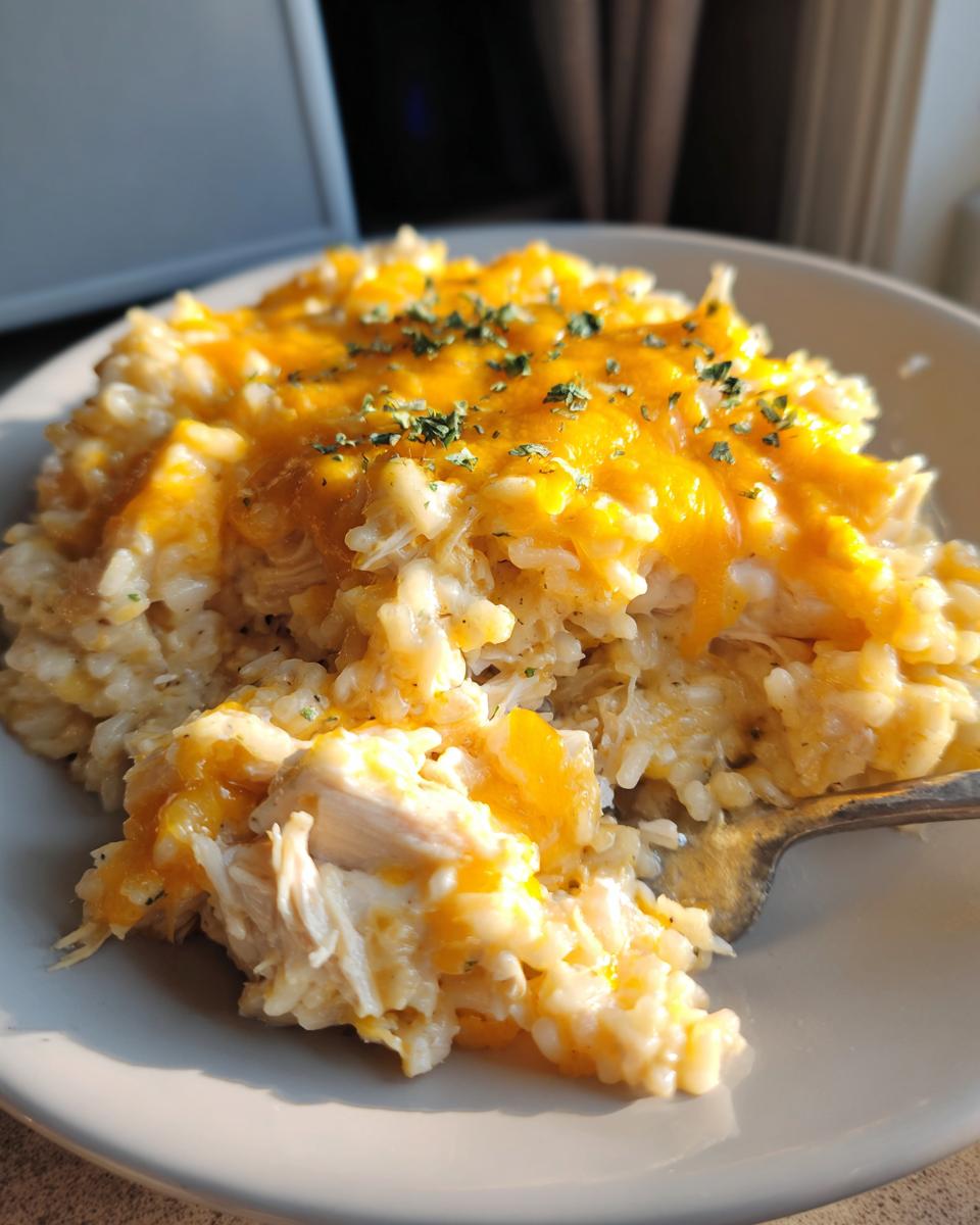 Close-up of a serving of creamy chicken and rice topped with melted cheddar cheese and parsley.