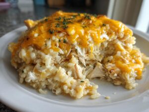 A generous serving of creamy chicken and rice topped with melted cheddar cheese and parsley.