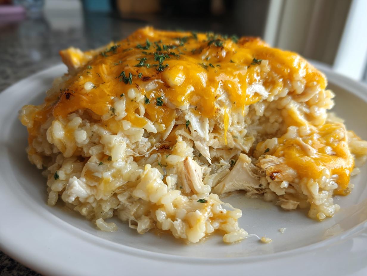 A generous serving of creamy chicken and rice topped with melted cheddar cheese and parsley.
